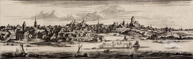 Ryc. Panorama miasta Warszawy z brzegu praskiego Pierre van der Aaina z 1729 r.  (źródło - http://www.geodezja.mazovia.pl/map_daw_maz.htm)